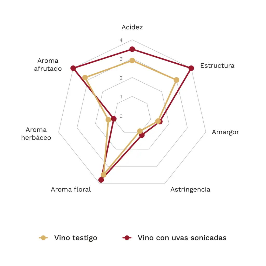 Más allá de los tintos: explorando los ultrasonidos en la vinificación de blancos 2 Gráfico radar que compara un vino Sauvignon Blanc control con otro elaborado a partir de uvas tratadas con ultrasonidos. El vino tratado presenta mayor acidez, estructura y aromas floral y afrutado, menor carácter herbáceo y valores similares de amargor y astringencia.